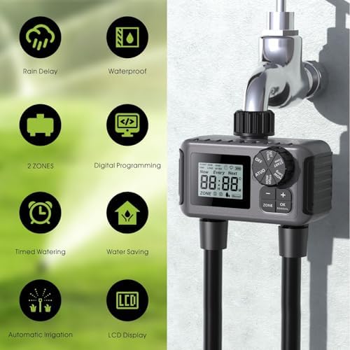 Sprinkler Timer, 2 Zone Smart Sprinkler Timer with Auto/Manual/Rain Delay Modes, Programmable Garden Hose Timers, Water-Saving Irrigation Controller for Lawn Yard Drip Systems (Black) - Image 3