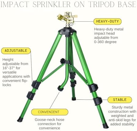 Tripod Sprinkler on Stand, Heavy Duty Impact Lawn Sprinkler 360° Coverage, Large Area Irrigation for Garden & Yard, Adjustable 16"-37" Height, Tripod Sprinkler System — 1-Pack CWS105201 - Image 2