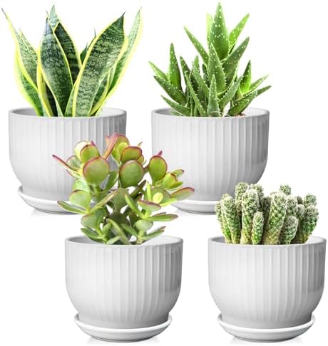 5.5 Inch Ceramic Plant Pot,White, 4 Pack by YUFDA