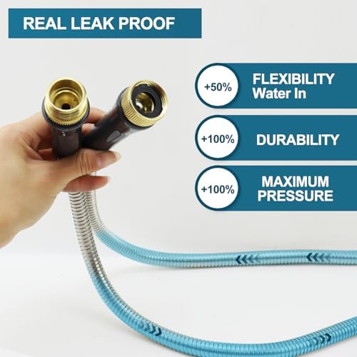 Stainless Steel Garden Hose 50ft Heavy Duty Metal Water Hoses with 10 Function Water Hose Nozzles for Yard Outdoor - Image 4