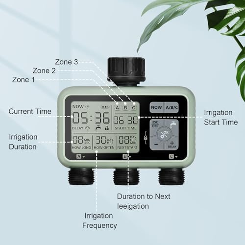 Watering Timer 3 Zone, Sprinkler Timer, Programmable Garden Outdoor Hose Faucet Timer with Rain Delay, Auto & Manual Watering System,Water Hose Irrigation Timers 3 Outlet for Garden Lawn - Image 2