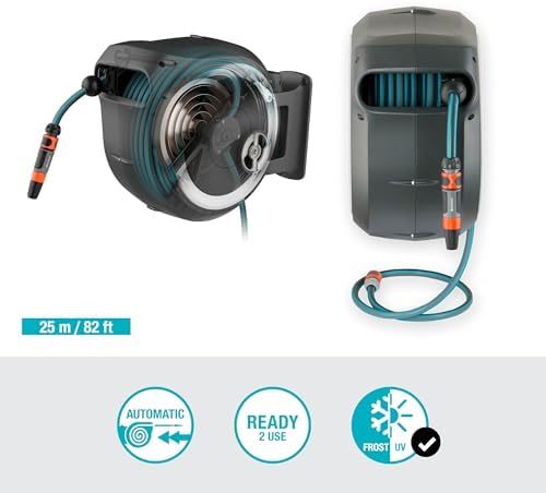 Gardena Wall-Mounted Hose Box Rollup M/L (White) 25 m: Automatic Hose Reel for Medium-Sized to Large Gardens, Includes 25 m Gardena Hose & Mounting Kit - Image 3