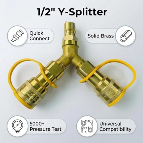 1/2 Inch Vatural Gas Y Splitter with Quick Connect Fittings & Shut Off Valve - Durable Brass Adapter for Grills, Heaters, Pizza Ovens, RVs (1/2" Female Pipe Thread x Flare)​​ - Image 3