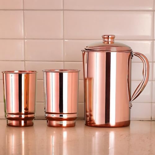 HEALTHANDWEALTH™ Pure Copper Water Jug with 2 Tumblers | 1.5 L Ayurvedic Drinking Water Pitcher | Improves Digestion, Boosts Immunity | Made in India by HEALTHANDWEALTH