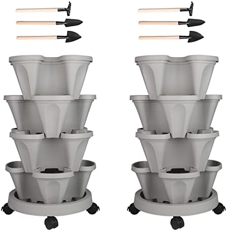 GameXcel Vertical Planter Tower - 4 Tier Stackable Garden Planters with Wheels and Tools Plant Pots for Strawberry Herb Flower and Vegetable Indoor Outdoor Use Gray 2 Pack by GameXcel