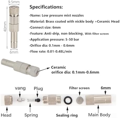 50 Pack Low Pressure Fog Mist Spray Nozzle with Filter, 6mm Brass Misting Nozzles, Mister Head for Landscaping, Air Humidification, Outdoor Cooling Mister System(Size:Orifice 0.15mm,) - Image 2
