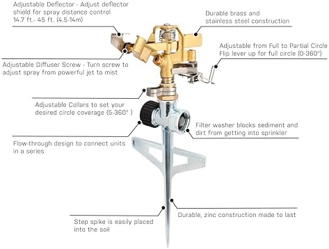 Eden 94147 Brass Impulse Sprinkler with Step Spike Gear Drive, Heavy Duty, Gardening Watering System, Garden&Lawns, Coverage up to 5278sq.ft - Image 2