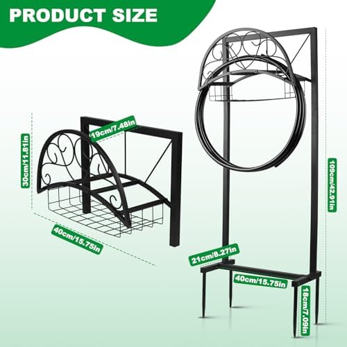 Garden Hose Holder Stand with Storage Basket, Heavy Duty Freestanding Hose Holder for Outside, Holds Up to 150FT Water Hose, Metal Hose Hanger Rack with 4 Anchor Spikes for Yard Lawn Garden - Image 5