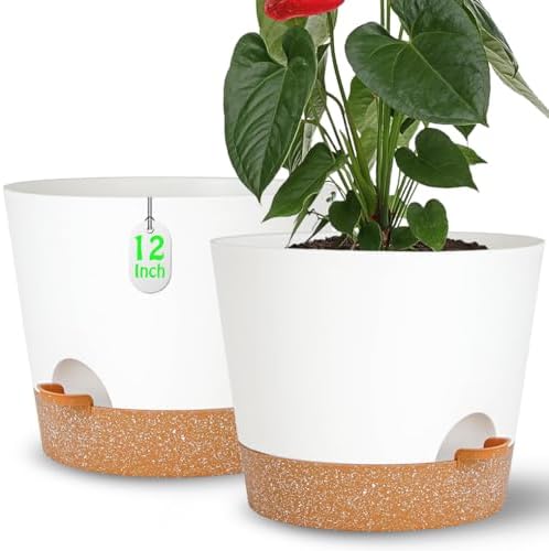 12+12Inch 2Pack Large Flower Pots for Indoor/Outdoor Plants,Self Watering Planters with Reservoir and Drainage Hole White Plastic Planting Pots Modern Home Decor Gift Idea by SESUN-E