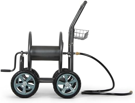 Backyard Expressions 4‑Wheel Garden Hose Reel Cart with Storage Basket, Hand‑Crank Rewind, Rust‑Resistant Hammertone Gray Finish, Brass Connectors by BackyardExpressions