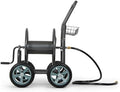 Backyard Expressions 4‑Wheel Garden Hose Reel Cart with Storage Basket, Hand‑Crank Rewind, Rust‑Resistant Hammertone Gray Finish, Brass Connectors by BackyardExpressions