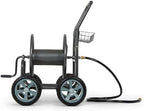 Backyard Expressions 4‑Wheel Garden Hose Reel Cart with Storage Basket, Hand‑Crank Rewind, Rust‑Resistant Hammertone Gray Finish, Brass Connectors by BackyardExpressions