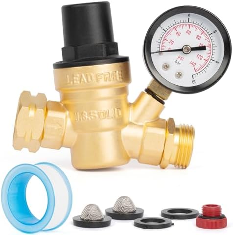 U.S. Solid 3/4 in GHT RV Water Pressure Regulator, Screwdriver-Adjustable Lead-Free Brass, 45 psi Preset, 0-140 psi Gauge, Stainless Filter, for RV Camper Trailer and Garden Hose - Image 2