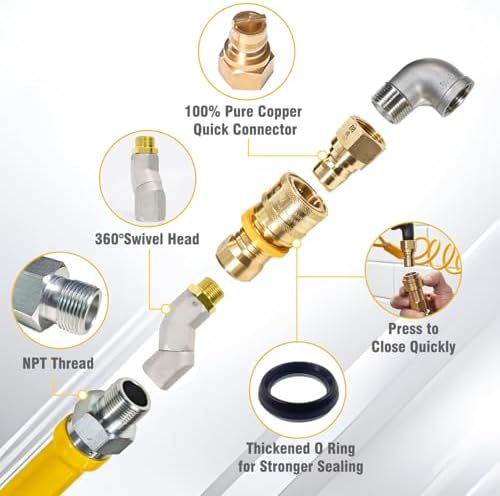 Safety System Kit, 3/4 In ID 48" Gas Hose Connector Kit with 360° Swivel Head Elbows Quick Disconnect Gas Line Hose Full Port Gas Valve Restraining Device & Swivel Connector for Commercial - Image 2