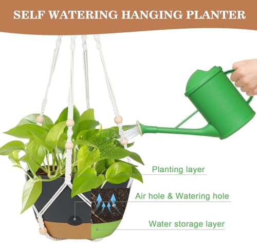 3 Pack Hanging Planters Set, 10inch Self-Watering Hanging Plant Pot, Macrame Plant Hanger with Pot, Chains, S & Ceiling Hooks, Removable Saucer and Drainage Holes for Indoor, Outdoor Plants - Black - Image 6