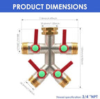 4 Way Brass Garden Hose Splitter 3/4" NPT Water Tap Connector with Individual Shut Off Valve Heavy Duty for Lawn Garden and Outdoor Use(red) - Image 2