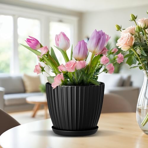Black 6-Inch Plant Pots with Drainage & Saucers 24 Pack, Indoor & Outdoor Planters for Houseplants, Herbs, and Flowers, Durable & Weatherproof Material, Stackable, Lightweight, Minimalist Design - Image 7