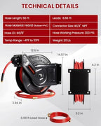 Retractable Air Hose Reel, Auto Rewind 3/8" x 50 FT Hybrid Polymer Hose - Image 2