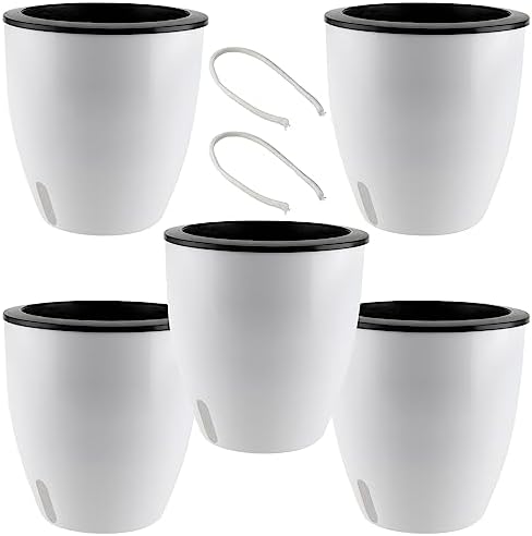5 Pack 7 Inch Self Watering Plant Pots, White Plastic Self Watering Flower Pots with Visual Water Level Window, Self Watering Planter for Indoor Plants, Herb, African Violet, Succulent by HEIHAK