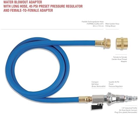 TOPRING Long Hose 45 PSI Air Compressor Water Blow Out Adapter, RV Winterizing Kit with male and female GHT connectors and Preset Air Pressure Regulator (Blue) - Image 2