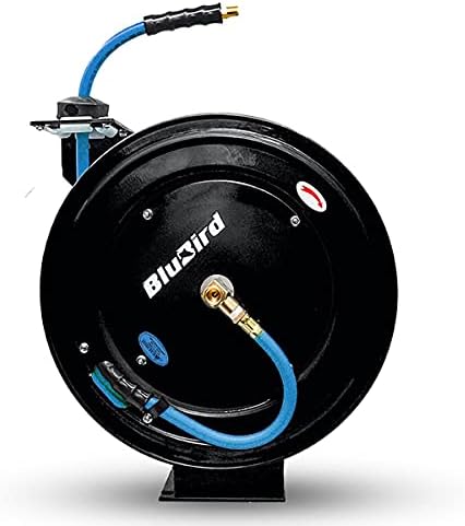 BLUBIRD BBR3825 20ga. Retractable Hose Reel with 3/8" x 25' Air Hose, 12 Point Ratcheting Gear, Next-Gen Rubber, Lightest, Strongest, Most Flexible, 300 PSI, -50F to 190F Degrees, Polyester Braided by BLUBIRD