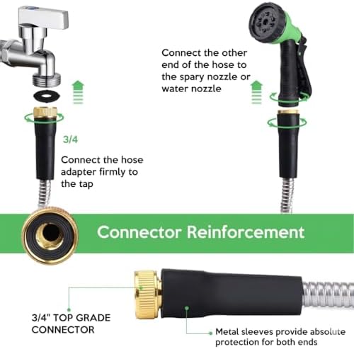100FT Metal Garden Hose 304 Stainless Steel, with 2 Multi-Function Spray Nozzles, 1Pc Precision Twist Nozzle, Solid Brass Fittings, Flexible No-Kink Design- 450PSI with 16mm Dia Hose - Image 5