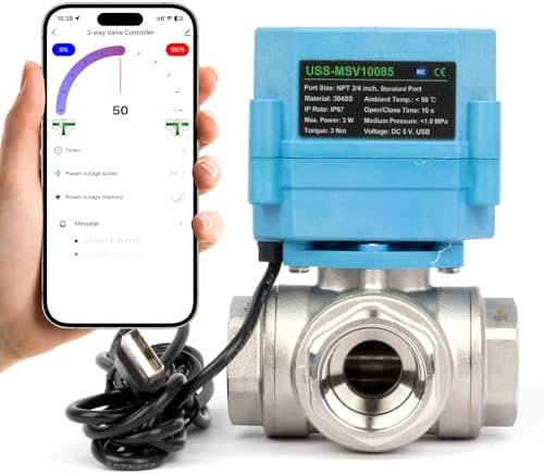 Motorized Ball Valve 3/4 in NPT U.S. Solid WiFi Smart 3-Way 304 Stainless Steel Electric USB Powered LED Indicator NSF Certified for Water Control and Irrigation by USSolid
