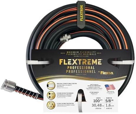 Flexon Flextreme Pro 5/8" x 100ft Performance Rubber Garden Hose – Heavy-Duty, Kink-Resistant, All-Weather Flexibility, Industrial-Grade Couplings, Durable Outdoor Watering Hose for Lawn & Garden by Flexon