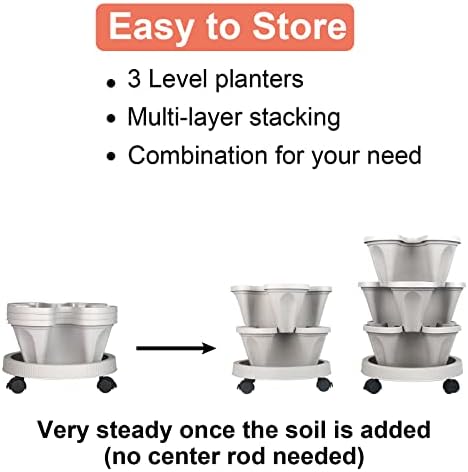 DUNCHATY Stackable Planter, Vertical Garden Planter with Wheels and Tools, Self Watering Strawberry Planter Indoor/Outdoor 3 Tier Herb Planter Pots for Growing Vegetables and Succulents,Gray - Image 6