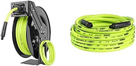 Flexzilla Open Face Retractable Air Hose Reel, 3/8 in. x 50 ft., Heavy Duty, ZillaGreen - L8611FZ & Air Hose, 3/8 in. x 50 ft., 1/4 in. MNPT Fittings, Heavy Duty, Lightweight, Hybrid, ZillaGreen by Flexzilla