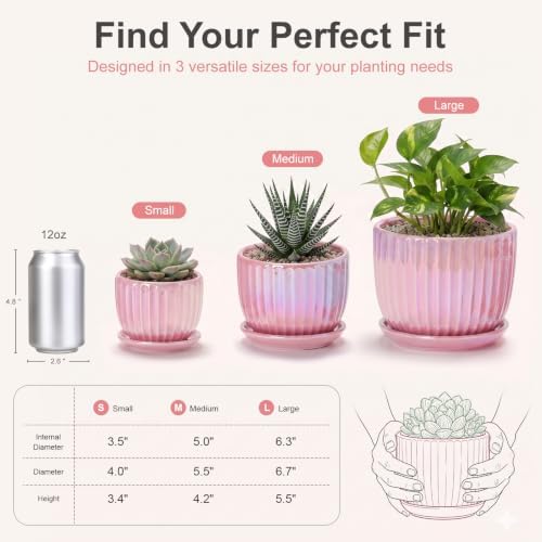 Pink Plant Pots，Ceramic Planters with Drainage Holes and Saucers Set of 3 - Image 2