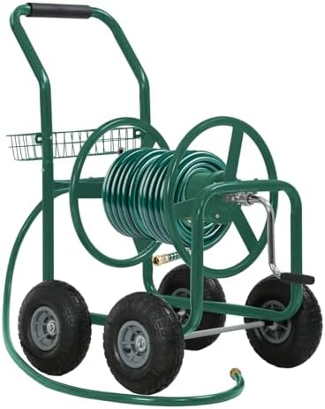 FDW Garden Hose Reel Cart, Water Hose Cart with 4 Wheels, Hold Up to 300 ft of 5/8’’ Hose，Heavy Duty Powder-Coated Steel Planting with Storage Basket, for Garden, Yard and Lawn by FDW