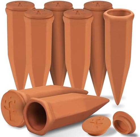 Soilagua Large Terracotta Watering Spikes with Lids, 8-Pack by SoilaguaDirect