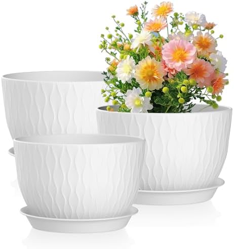 Meowell 12/10/9 inch Large Plant Pots, 3 Pack Wide Flower Pots for Outdoor Indoor Plants with Water Ripples, Big Plastic Planters with Drainage Holes and Saucers for Garden House Plants, White by Meowell