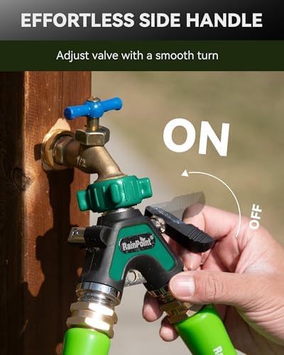RAINPOINT Garden Hose Splitter 2 Way, All Metal Heavy Duty Water Hose Y Splitter With 2.05" Extra Long Side Handle & Shut Off Valves, 3/4 Inch GHT Thread Connector For Spigot Faucet (Dark Green,2) - Image 4
