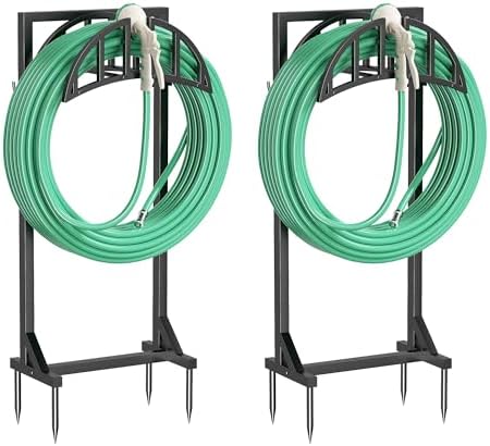 YQSLYSF 2 Pack Garden Hose Holder, Water Hose Stand with 4 Stake and 2 Tool Hooks, Heavy-Duty Metal Hose Storage Holds 150Ft, Freestanding Hose Hanger Rack for Outside, Yard, Lawn, Farm by YQSLYSF