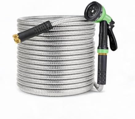 25FT Heavy-Duty Stainless Steel Garden Hose with Spray Nozzle, No-Kink Design by TackMind