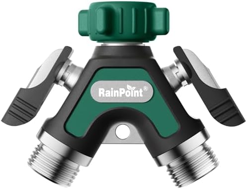 RAINPOINT Garden Hose Splitter 2 Way, All Metal Heavy Duty Water Hose Y Splitter With 2.05" Extra Long Side Handle & Shut Off Valves, 3/4 Inch GHT Thread Connector For Spigot Faucet (Dark Green,2) by RainPoint