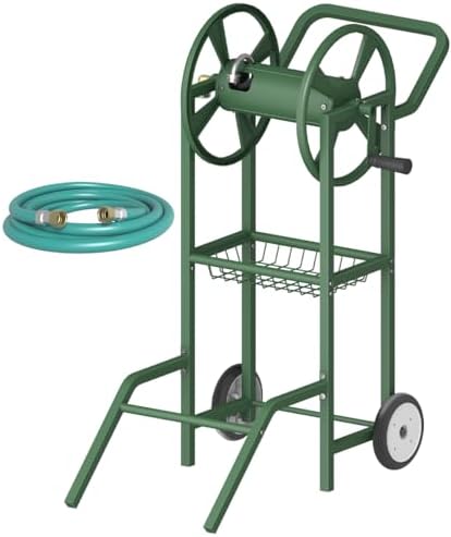 Artigarden Hose Reel Cart with 2 Wheels, Garden Water Hose Holder Heavy Duty Powder Coated Steel Outdoor Winder Storage Holds 125 ft 5/8" Hoses with Basket and 3.9ft Leader Hose for Backyard, Green by Artigarden
