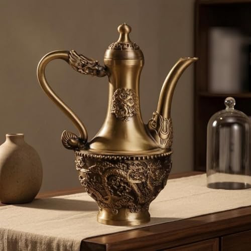 Menolana Brass Vessel Vintage Pot Copper Antique Decorative Relief Dragon Immortal Bird Handled Spout Suitable for Shelf Table Cabinet Display 12.5cmx15.5cm - Image 4