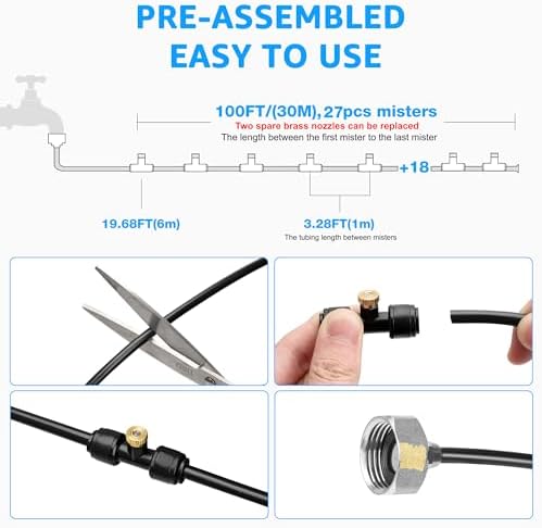 MIXC Misters for Outside Patio, 100FT (30M) Misting Line+27 Mist Nozzles+3/4" Brass Adapter, Outdoor Misting Cooling System for Patio Backyard Greenhouse Trampoline Horse Corral - Image 2