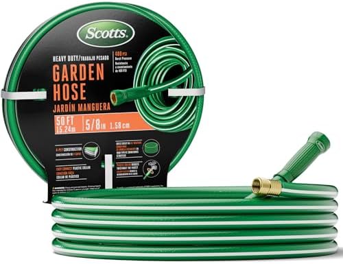 Scotts 50 ft. Heavy Duty Garden Hose – 5/8 in. Diameter, 4-Ply, 400 PSI High-Pressure, Easy-to-Coil Water Hose with Crush-Resistant Couplings and Twist-Resistant Collar for Lawn and Garden by Unknown