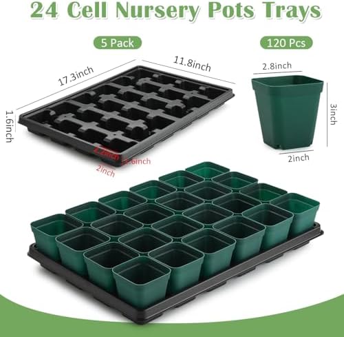 RooTrimmer 2.8 inch (7CM) Square Nursery Pots 120pcs (Green) and 24 Cell Nursery Pots Trays 5 Pack, Plastic Seedling Starter Tray with Drain Holes for Carrying and Holding Plant Pot(17"x11"x1.6") - Image 2