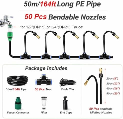 Plant Watering Devices 360° Bendable Nozzles, 4 Spray Modes, Mist Cooling Kit for Road Canopy Deck Umbrella(H 20 in(50cm) Nozzle,L 164ft(50m)) - Image 2