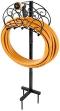 LOVEZOE Detachable Freestanding Hose Holder for Outdoor, Metal Garden Hose Stand with Wall Mount Option, Holds 150 ft Hose, 41.5 Inch Height, 28 Inch Hook Height, Black, Includes Shelf Attachment by LOVEZOE
