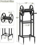 Freestanding Garden Hose Reel holds 125ft Hose of 5/8" with 4 Hooks, 4-Spike Outdoor Hose Holder with 3.9ft Leader Hose & Brass Fitting, Detachable Metal Hose Stand with Storage Rack, Black - Image 3
