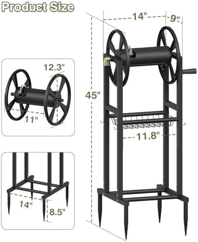 Freestanding Garden Hose Reel holds 125ft Hose of 5/8" with 4 Hooks, 4-Spike Outdoor Hose Holder with 3.9ft Leader Hose & Brass Fitting, Detachable Metal Hose Stand with Storage Rack, Black - Image 3