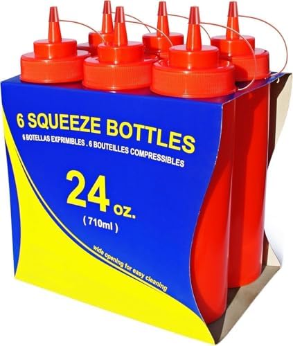 New Star Foodservice Plastic Squeeze Bottles, 24oz, 6 pk, Red by NewStarFoodservice