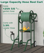 Artigarden Hose Reel Cart with 2 Wheels, Garden Water Hose Holder Heavy Duty Powder Coated Steel Outdoor Winder Storage Holds 125 ft 5/8" Hoses with Basket and 3.9ft Leader Hose for Backyard, Green - Image 4