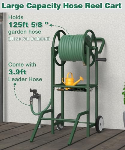 Artigarden Hose Reel Cart with 2 Wheels, Garden Water Hose Holder Heavy Duty Powder Coated Steel Outdoor Winder Storage Holds 125 ft 5/8" Hoses with Basket and 3.9ft Leader Hose for Backyard, Green - Image 4